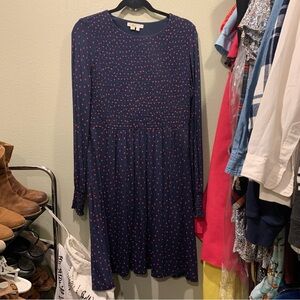 Boden Lena smocked red polka dot print navy blue knit dress 12